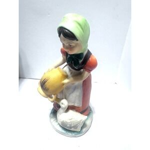 VINTAGE I W Rice Porcelain Figurine Japan Girl Feeding Geese 1960s milkmaid farm
